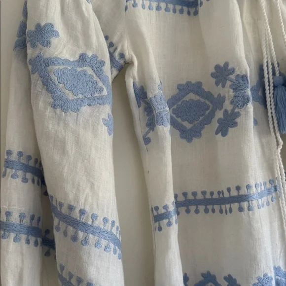 Blue and White Embroidered Dress in linen SMALL - Picture 3 of 5